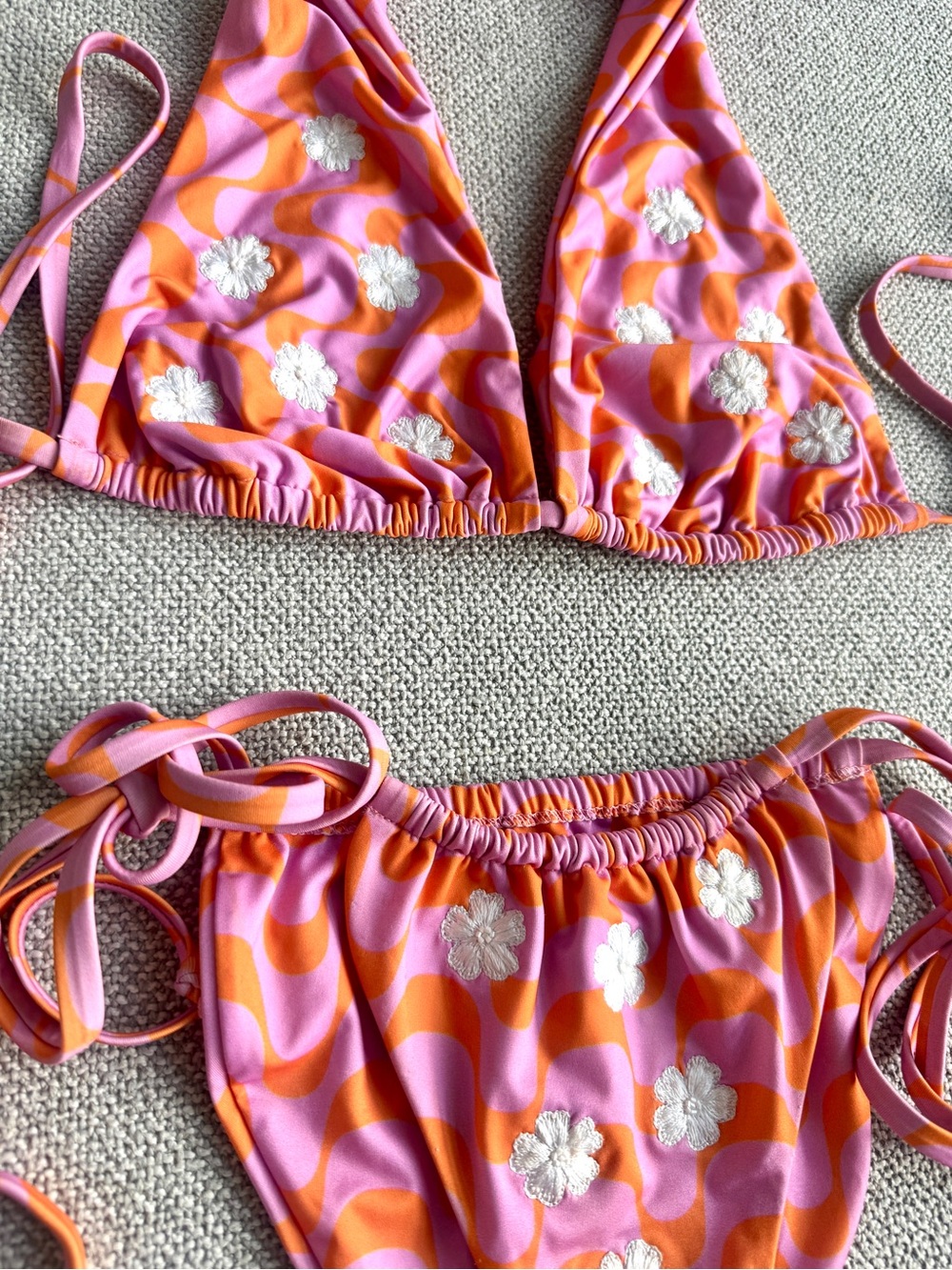 Oceanus Inspired Embroidered Floral Bikini Set Pink Orange Halter Swimwear - Picture 2 of 3